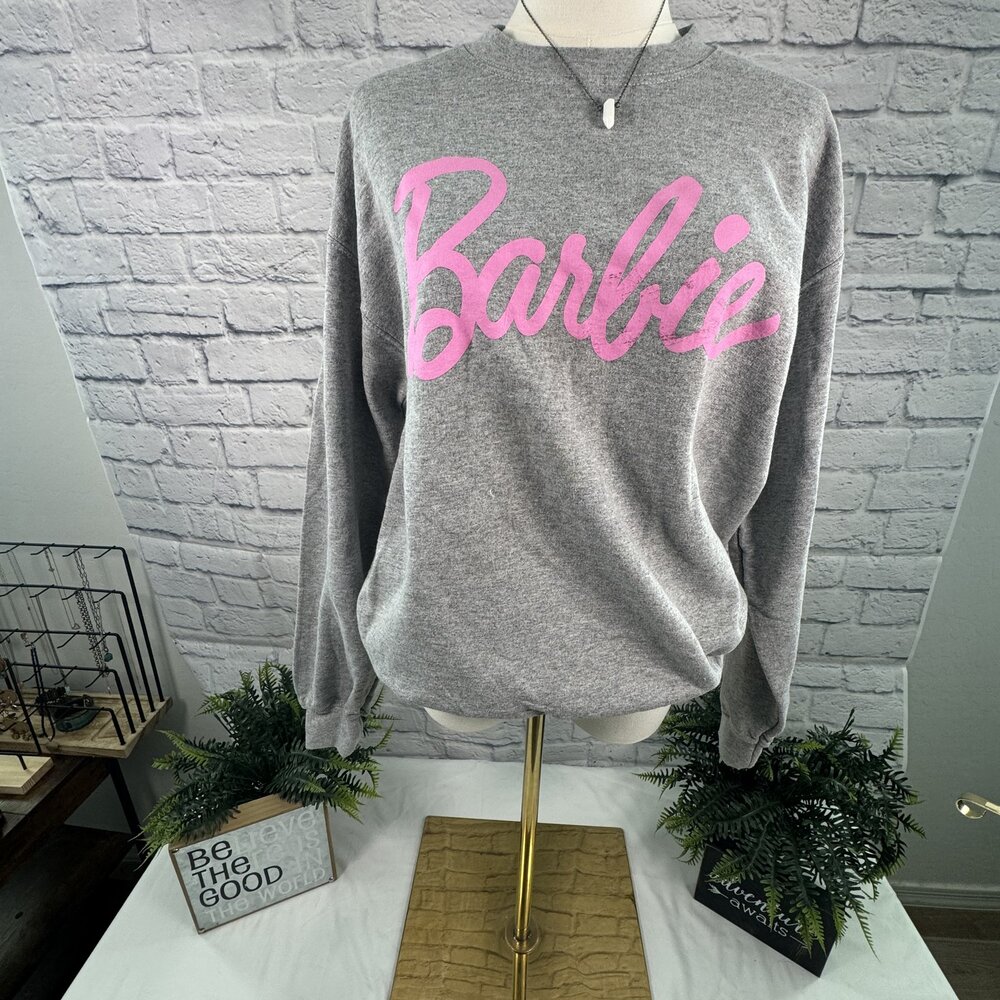 Barbie Heather Grey Pink Script Logo Crewneck Sweatshirt S